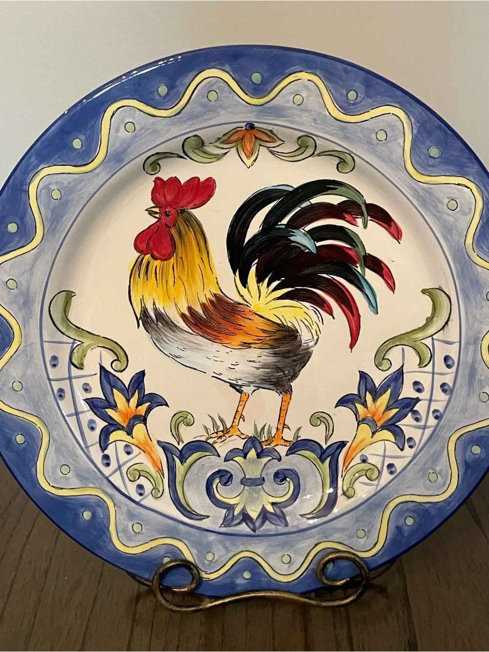 Hand-Painted Rooster Ceramic Dinner Plate - Blue Accent